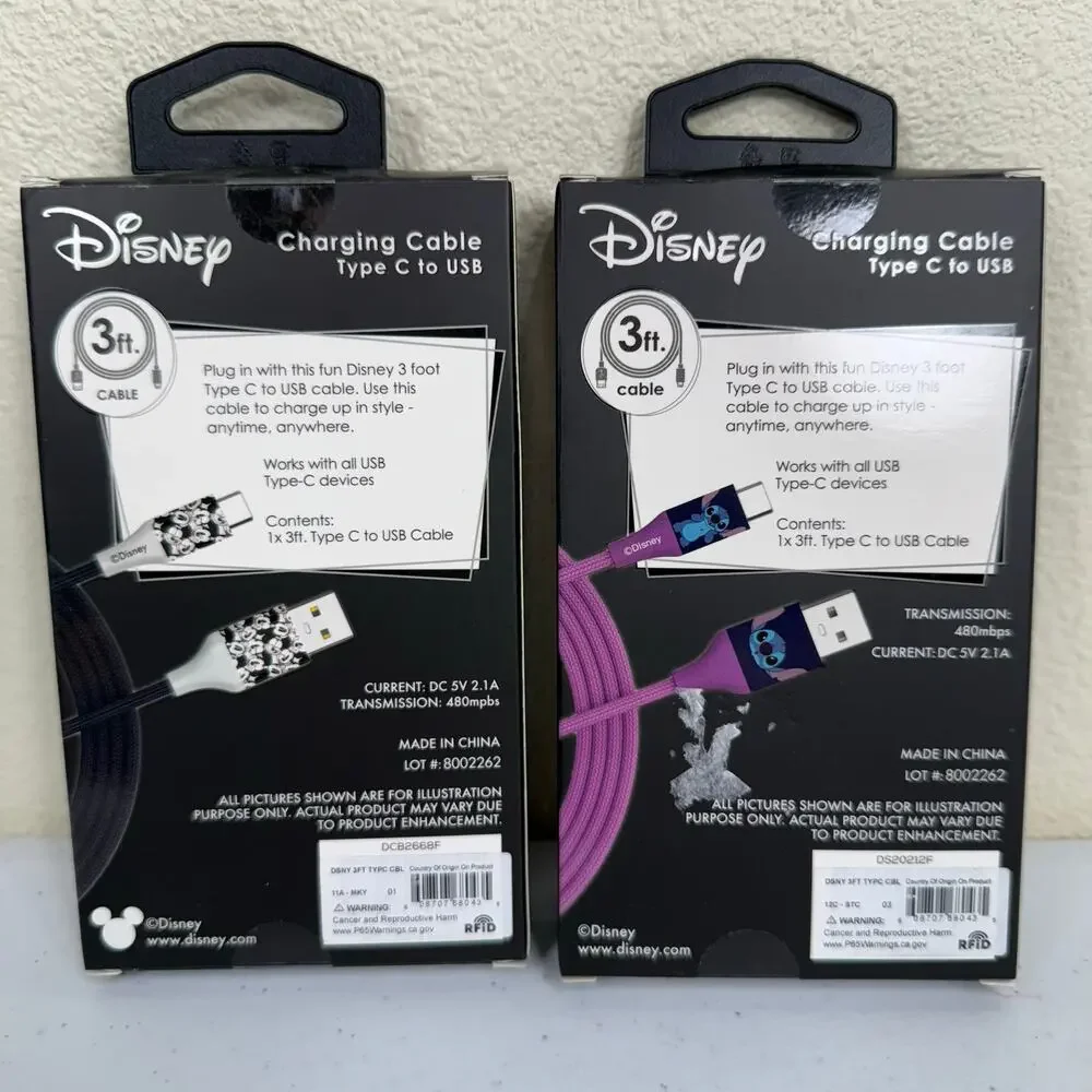 Disney Type C to USB 3 ft Charging Cable Mickey Mouse & Stitch NIB